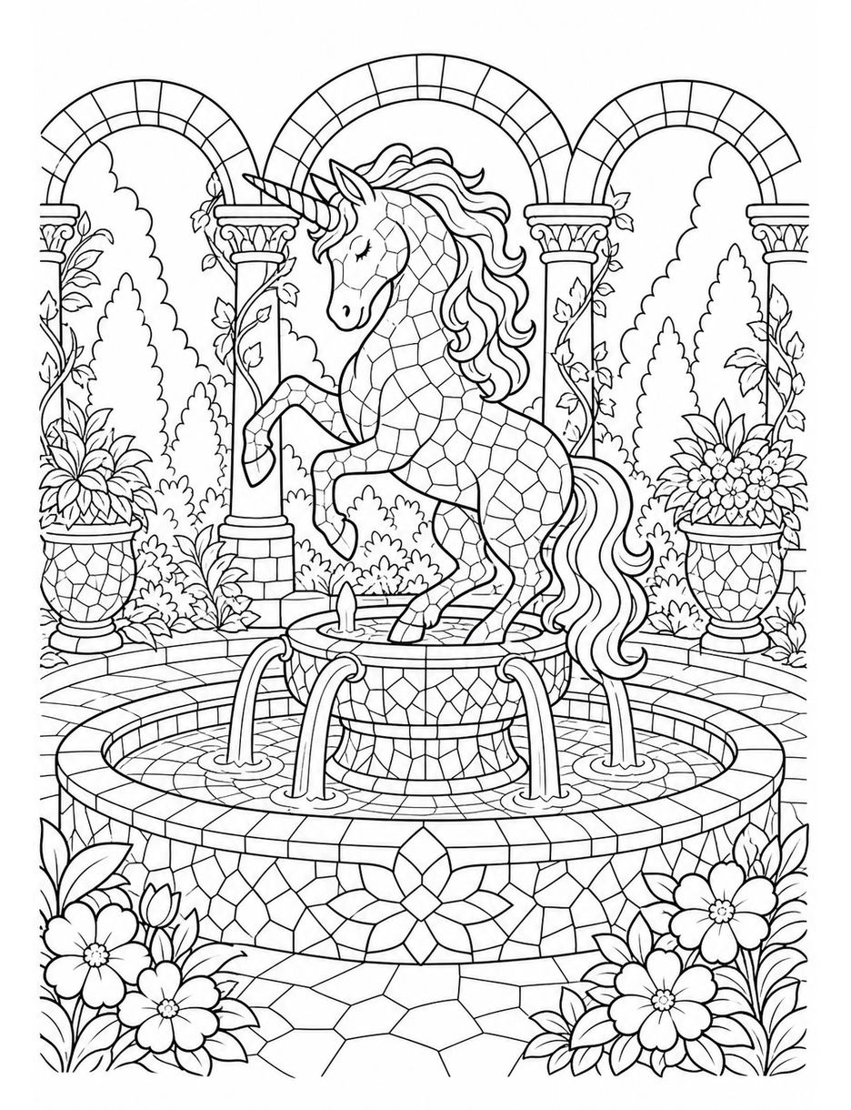 Unicorn Mosaic Fountain Courtyard printable coloring page from the unicorn coloring pages collection