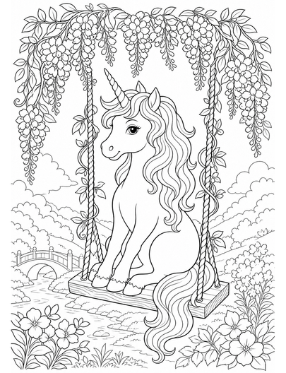 Unicorn On A Wisteria Swing printable coloring page from the unicorn coloring pages collection