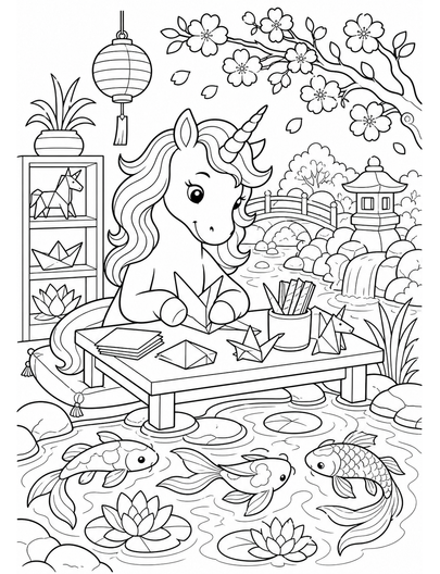 Unicorn Origami Studio By A Koi Pond printable coloring page from the unicorn coloring pages collection