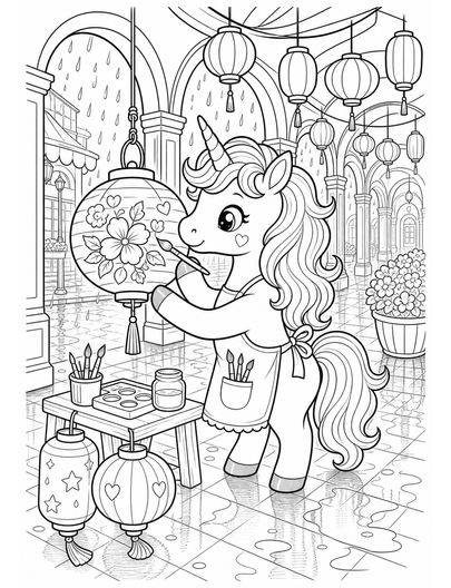 Unicorn Painting Lanterns In A Rainy Arcade printable coloring page from the unicorn coloring pages collection