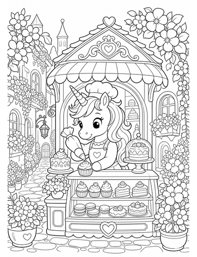 Unicorn Pastry Shop In A Flower Alley printable coloring page from the unicorn coloring pages collection