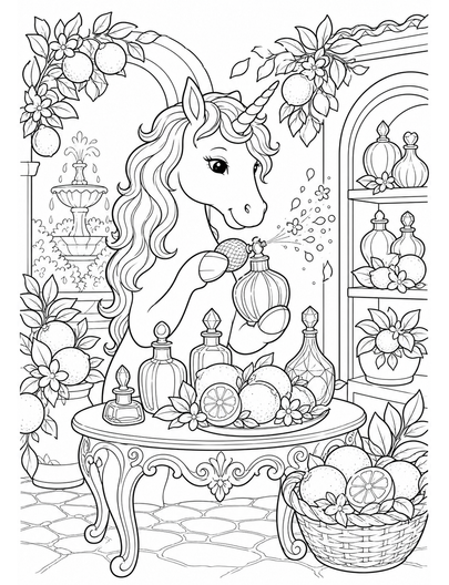 Unicorn Perfumery In A Citrus Courtyard printable coloring page from the unicorn coloring pages collection