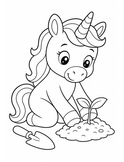Unicorn Planting A Tiny Garden Sprout printable coloring page from the unicorn coloring pages collection