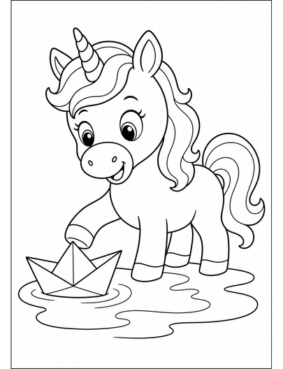Unicorn Playing With A Paper Boat printable coloring page from the unicorn coloring pages collection
