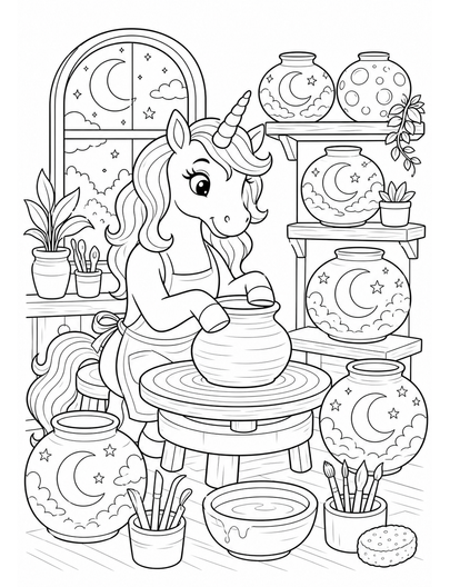 Unicorn Pottery Workshop With Moon Jars printable coloring page from the unicorn coloring pages collection