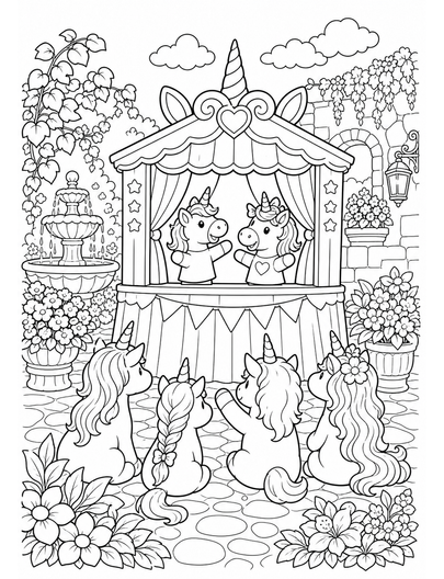 Unicorn Puppet Theater In A Garden Courtyard printable coloring page from the unicorn coloring pages collection