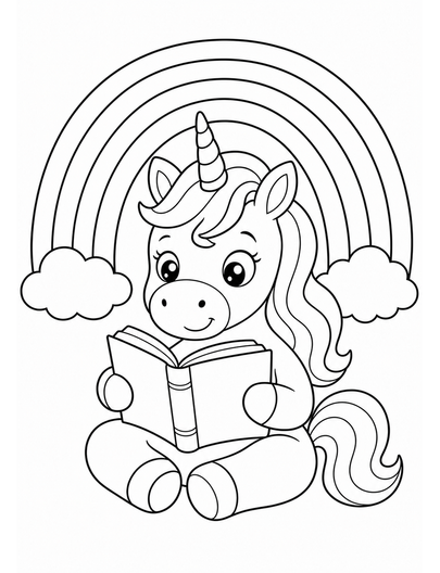 Unicorn Reading A Book Under A Rainbow printable coloring page from the unicorn coloring pages collection