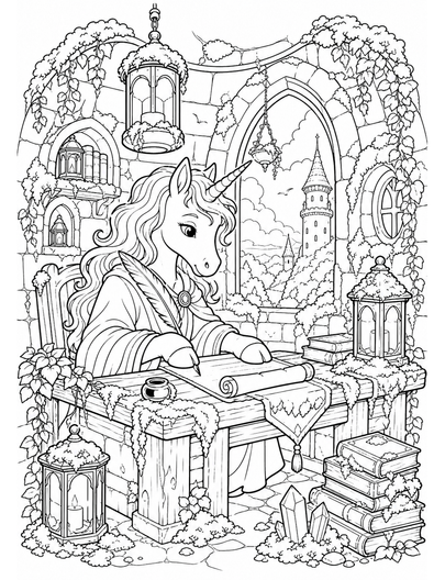 Unicorn Scribe In A Mossy Lantern Tower printable coloring page from the unicorn coloring pages collection