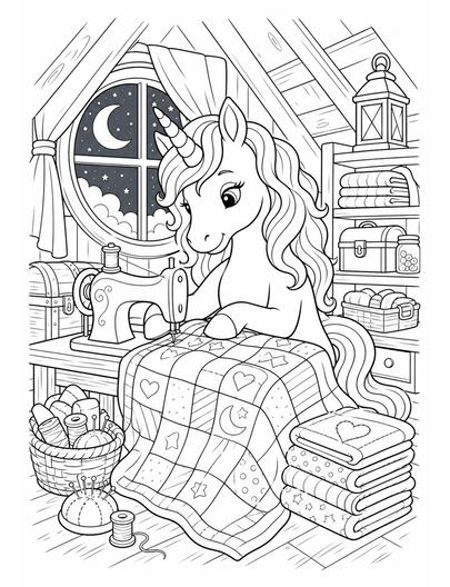 Unicorn Sewing A Quilt In A Moonlit Attic printable coloring page from the unicorn coloring pages collection