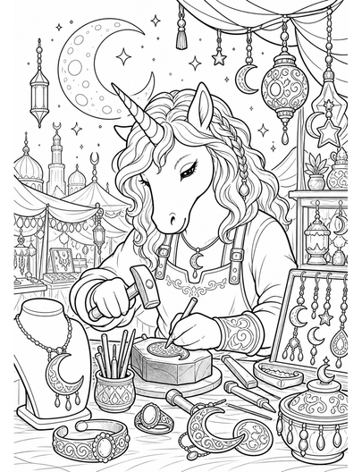 Unicorn Silversmith At A Moon Bazaar printable coloring page from the unicorn coloring pages collection