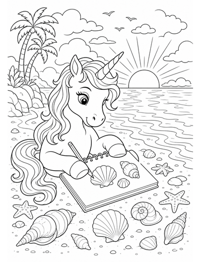 Unicorn Sketching Seashells At Sunrise printable coloring page from the unicorn coloring pages collection