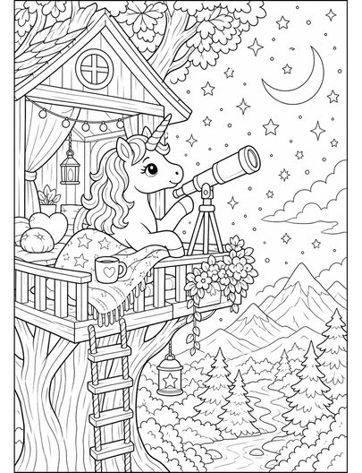 Unicorn Stargazing From A Cozy Treehouse printable coloring page from the unicorn coloring pages collection