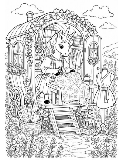 Unicorn Tailor In A Wildflower Caravan printable coloring page from the unicorn coloring pages collection