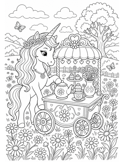 Unicorn Tea Cart In A Daisy Meadow printable coloring page from the unicorn coloring pages collection