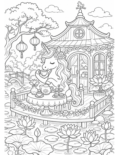 Unicorn Tea House By A Lotus Pond printable coloring page from the unicorn coloring pages collection