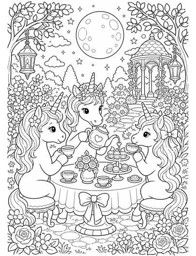 Unicorn Tea Party In A Moonlit Garden printable coloring page from the unicorn coloring pages collection
