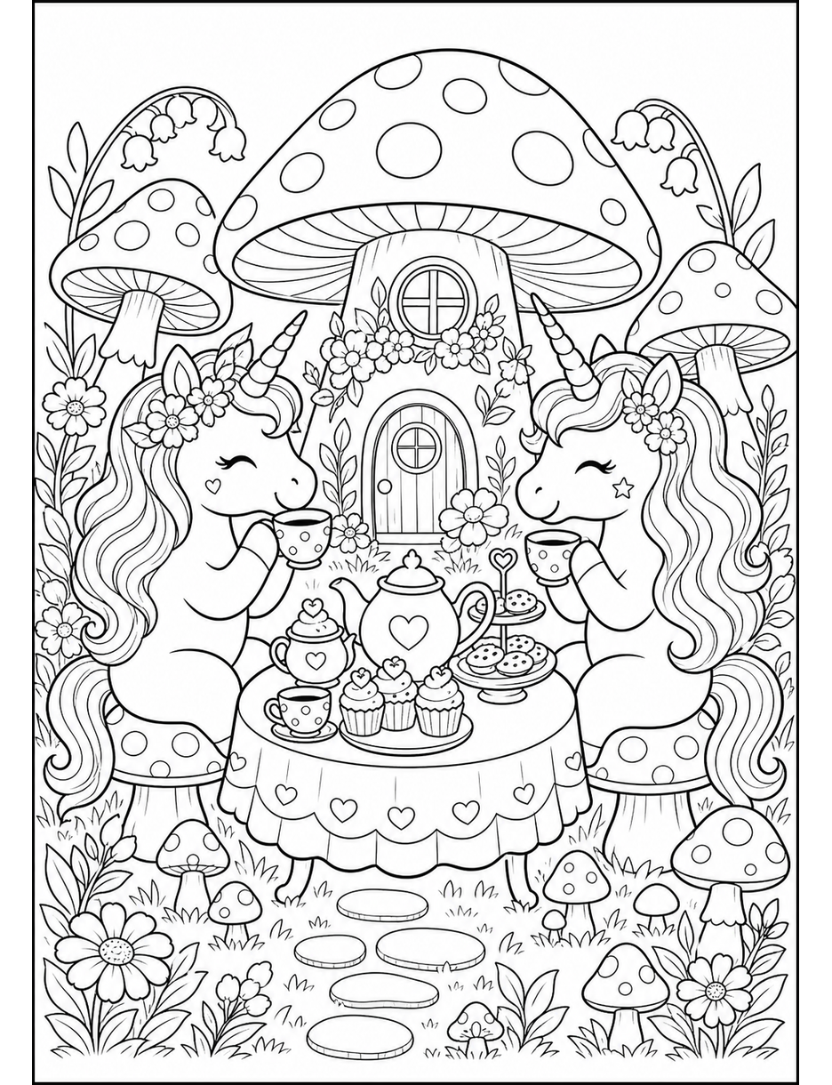 Unicorn Tea Party In A Mushroom Grove printable coloring page from the unicorn coloring pages collection