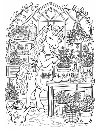Unicorn Tending A Greenhouse Of Magical Herbs printable coloring page from the unicorn coloring pages collection