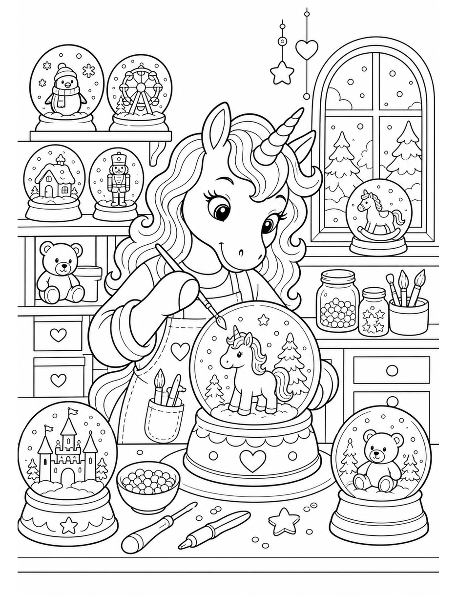 Unicorn Toymaker In A Snow Globe Studio printable coloring page from the unicorn coloring pages collection