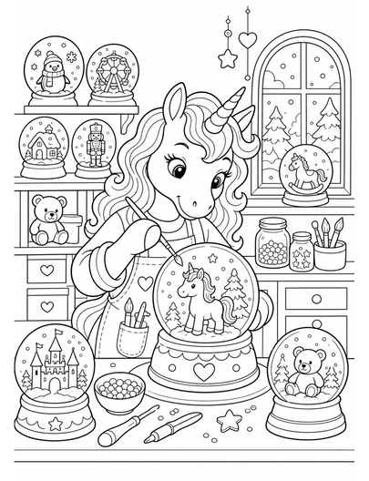 Unicorn Toymaker In A Snow Globe Studio printable coloring page from the unicorn coloring pages collection