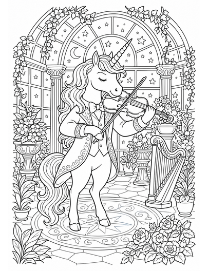 Unicorn Violinist In A Starlit Conservatory printable coloring page from the unicorn coloring pages collection