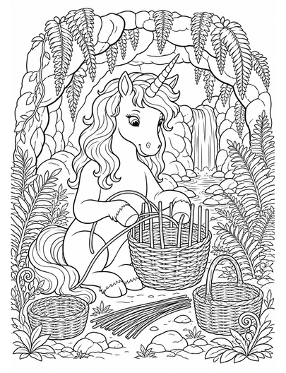 Unicorn Weaving Baskets In A Fern Grotto printable coloring page from the unicorn coloring pages collection