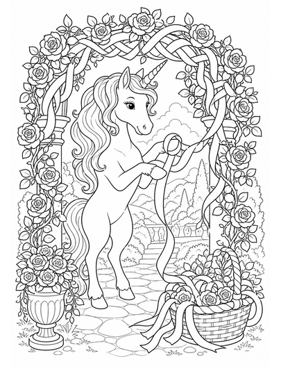 Unicorn Weaving Ribbons In A Rose Arbor printable coloring page from the unicorn coloring pages collection