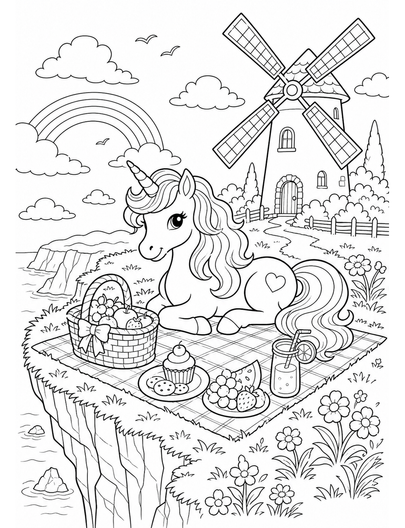 Unicorn Windmill Picnic Above The Cliffs printable coloring page from the unicorn coloring pages collection