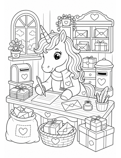 Unicorn Writing Letters In A Cozy Post Office printable coloring page from the unicorn coloring pages collection